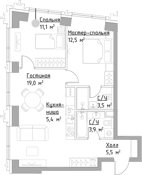 Планировка — Павелецкая Сити, 3-комн., 61 м²