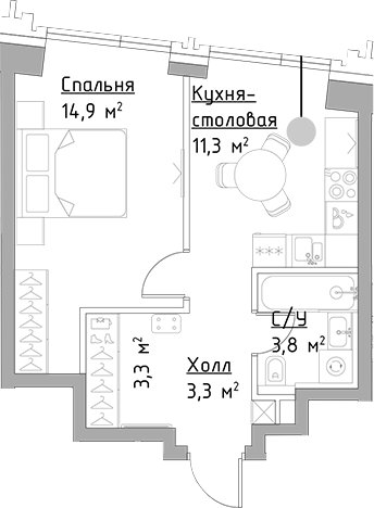 Планировка — Павелецкая Сити, 1-комн., 37 м²