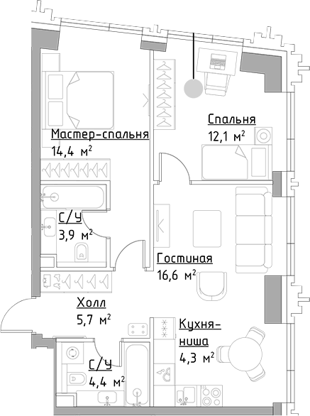 Планировка — Павелецкая Сити, 3-комн., 61 м²