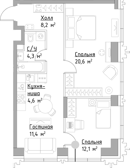 Планировка — Павелецкая Сити, 3-комн., 61 м²