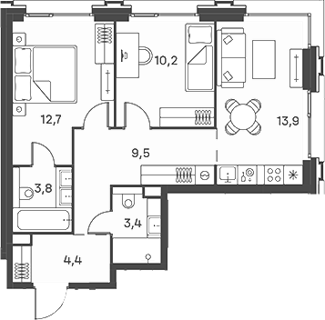 Планировка — PORTLAND, 3-комн., 57 м²