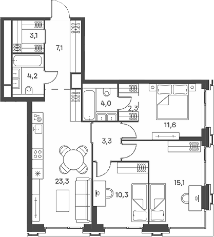 Планировка — PORTLAND, 4-комн., 84 м²