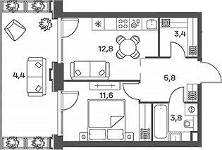 Планировка — PORTLAND, 2-комн., 37 м²