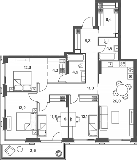 Планировка — PORTLAND, 5-комн., 111 м²