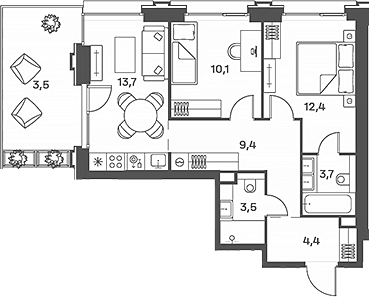 Планировка — PORTLAND, 3-комн., 57 м²