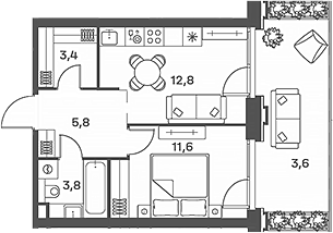 Планировка — PORTLAND, 2-комн., 37 м²