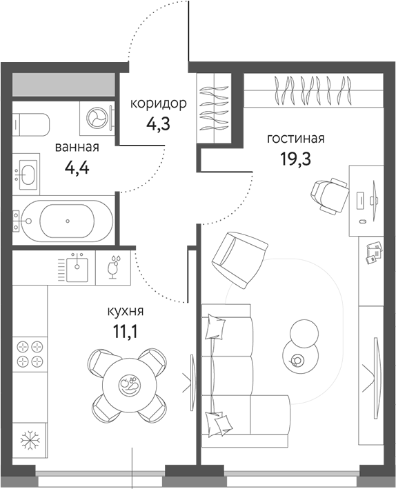Планировка — Сиреневый парк, 1-комн., 39 м²