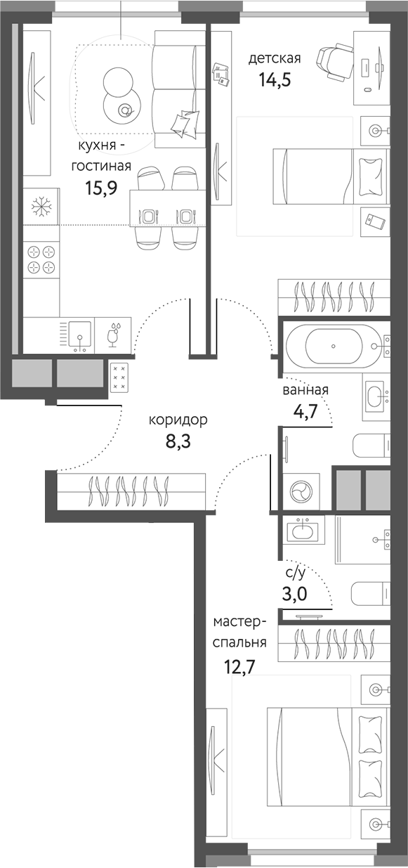 Планировка — Сиреневый парк, 3-комн., 59 м²