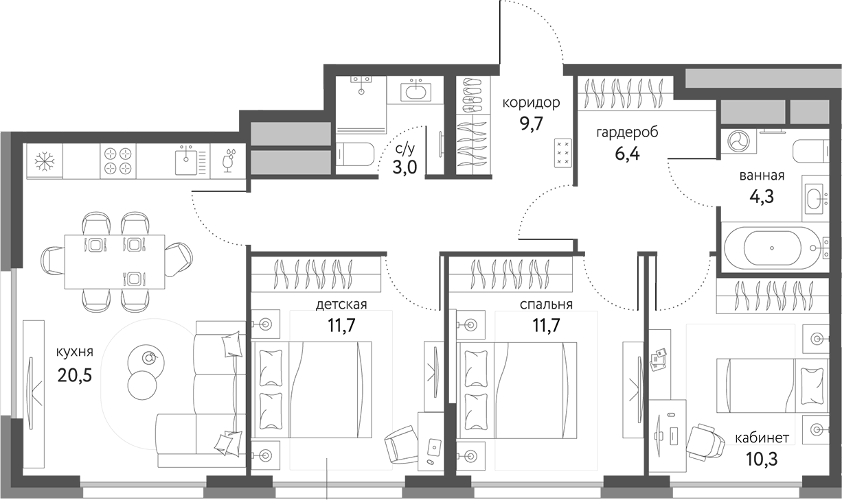 Планировка — Сиреневый парк, 3-комн., 78 м²