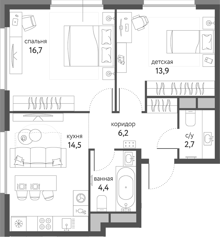 Планировка — Сиреневый парк, 2-комн., 58 м²