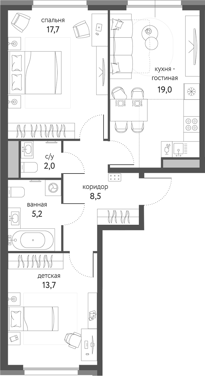Планировка — Сиреневый парк, 3-комн., 66 м²