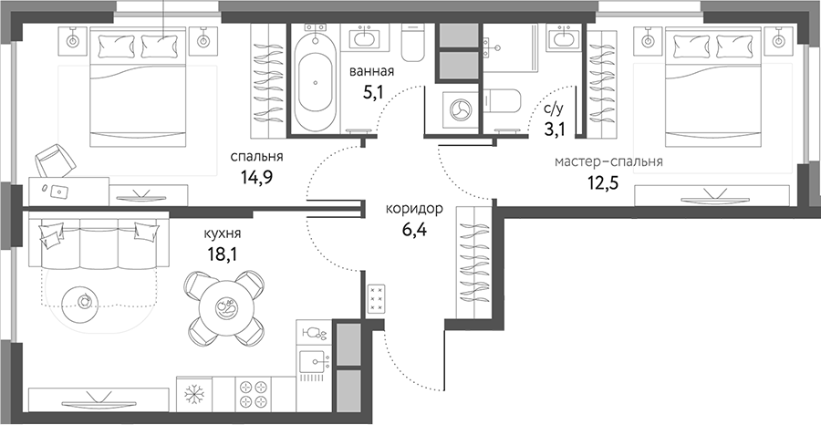 Планировка — Сиреневый парк, 2-комн., 60 м²