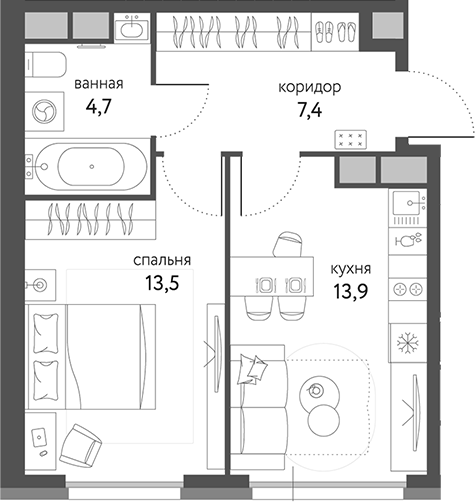 Планировка — Сиреневый парк, 1-комн., 40 м²