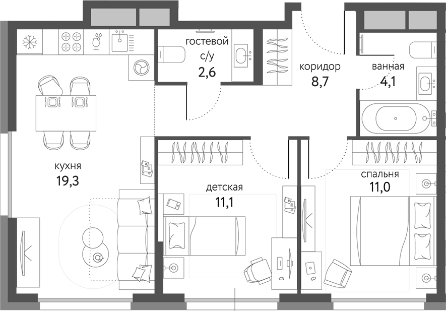 Планировка — Сиреневый парк, 2-комн., 57 м²