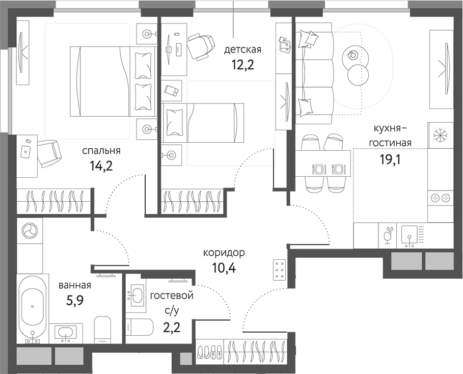 Планировка — Сиреневый парк, 3-комн., 64 м²