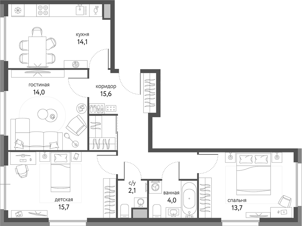 Планировка — Сиреневый парк, 3-комн., 79 м²