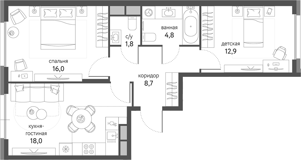 Планировка — Сиреневый парк, 3-комн., 63 м²