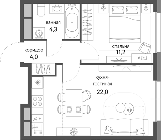 Планировка — Сиреневый парк, 2-комн., 42 м²