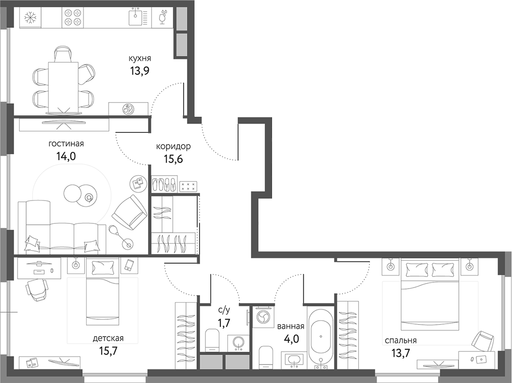 Планировка — Сиреневый парк, 3-комн., 79 м²