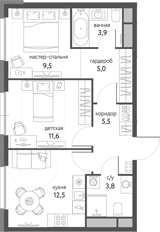 Планировка — Сиреневый парк, 2-комн., 52 м²