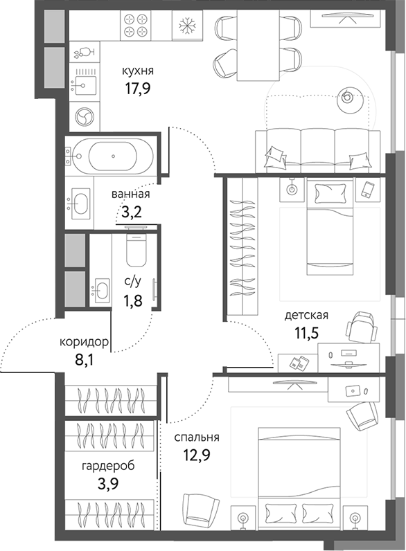Планировка — Сиреневый парк, 2-комн., 59 м²