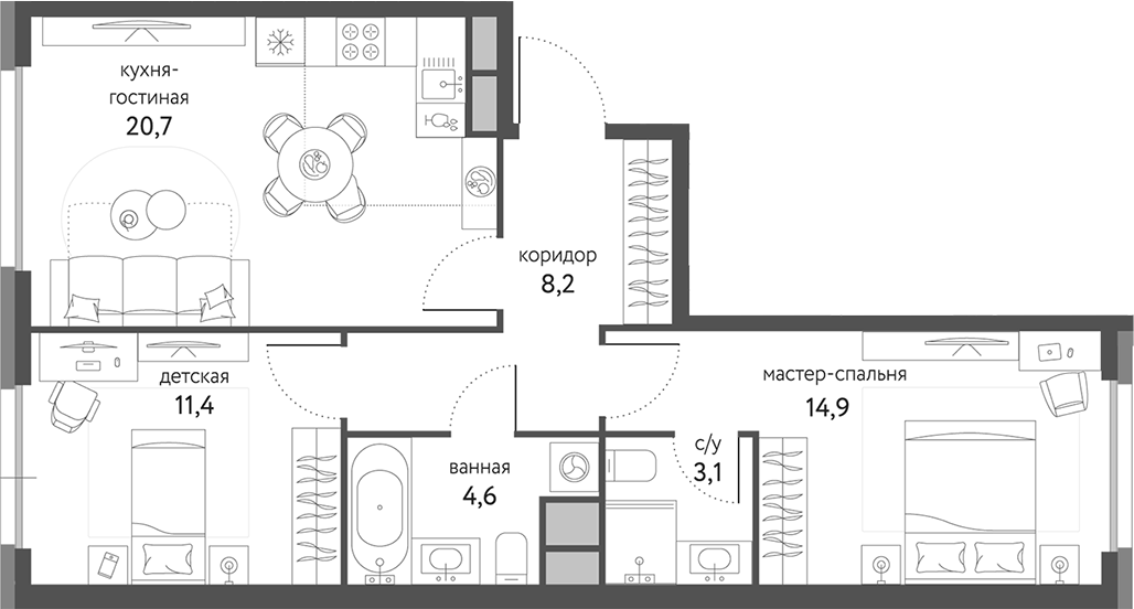Планировка — Сиреневый парк, 2-комн., 63 м²