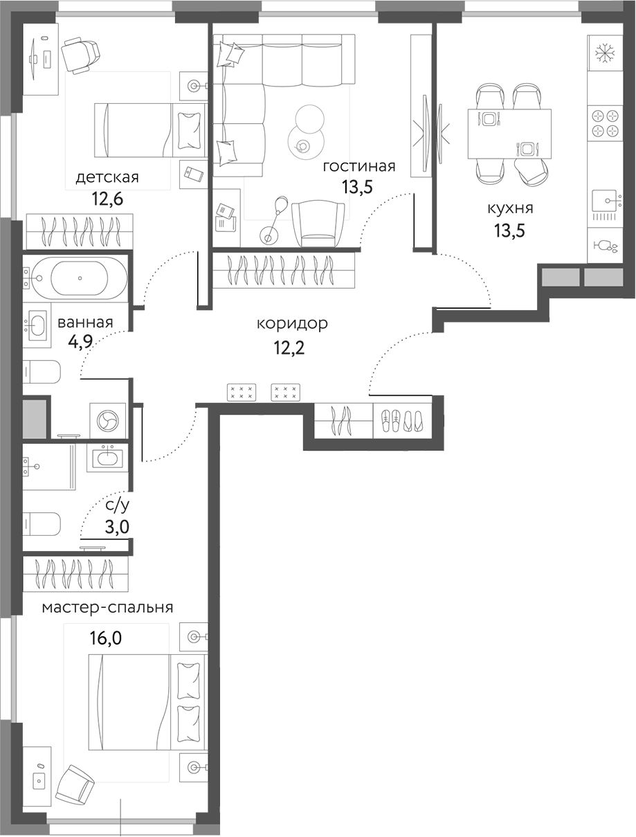 Планировка — Сиреневый парк, 3-комн., 76 м²