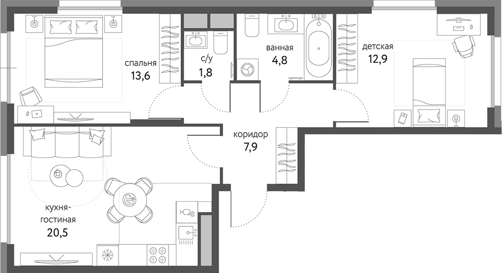 Планировка — Сиреневый парк, 3-комн., 62 м²