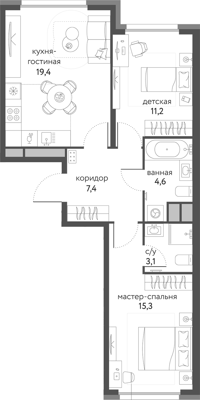 Планировка — Сиреневый парк, 3-комн., 61 м²