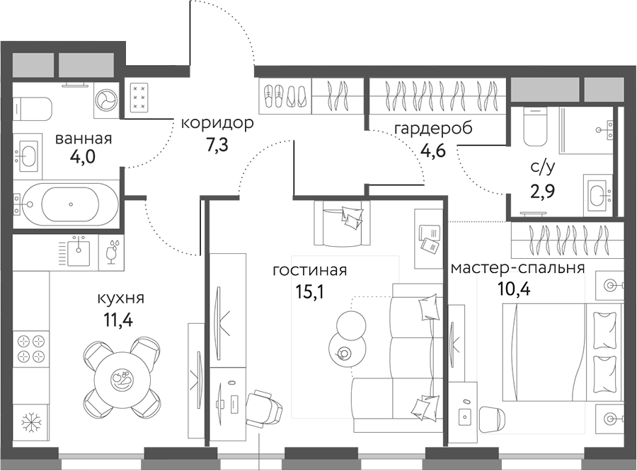 Планировка — Сиреневый парк, 2-комн., 56 м²