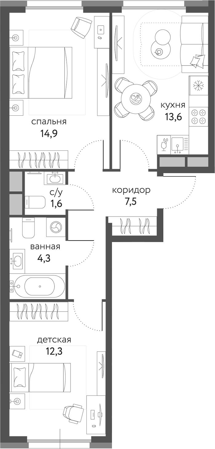 Планировка — Сиреневый парк, 2-комн., 54 м²