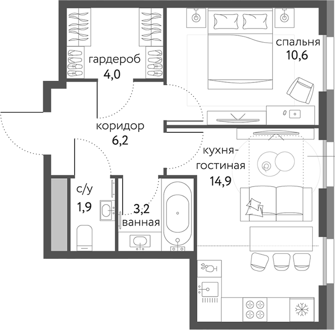 Планировка — Сиреневый парк, 2-комн., 41 м²