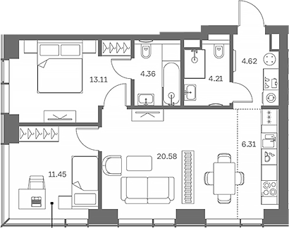 Планировка — TATE, 3-комн., 66 м²