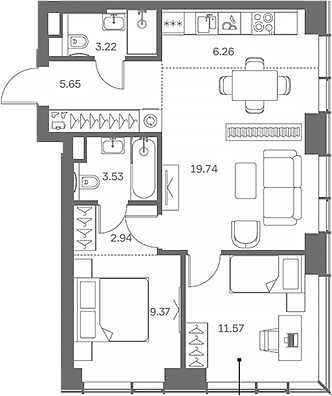 Планировка — TATE, 3-комн., 62 м²