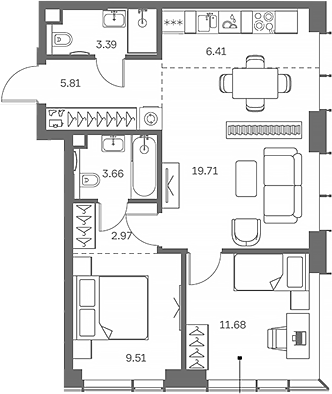 Планировка — TATE, 3-комн., 63 м²
