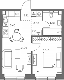 Планировка — TATE, 2-комн., 43 м²