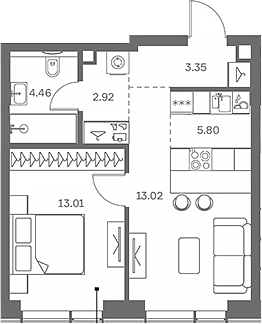 Планировка — TATE, 2-комн., 43 м²