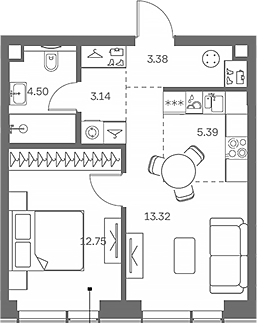 Планировка — TATE, 2-комн., 42 м²