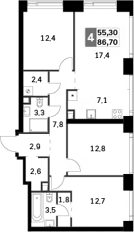 Планировка — Amber City, 4-комн., 87 м²