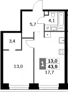 Планировка — Amber City, 1-комн., 44 м²