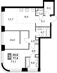 Планировка — Amber City, 3-комн., 77 м²
