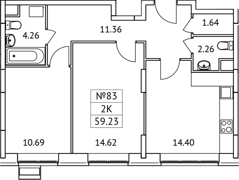 Планировка — Новотомилино, 2-комн., 59 м²