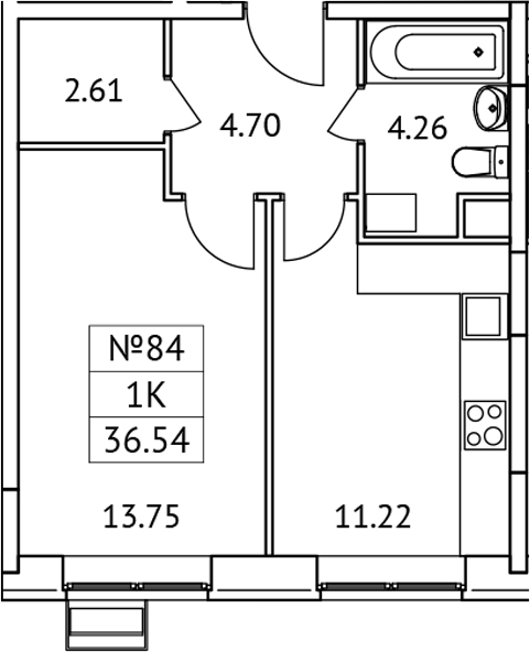 Планировка — Новотомилино, 1-комн., 37 м²