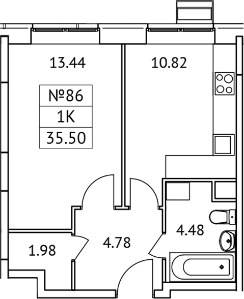 Планировка — Новотомилино, 1-комн., 36 м²