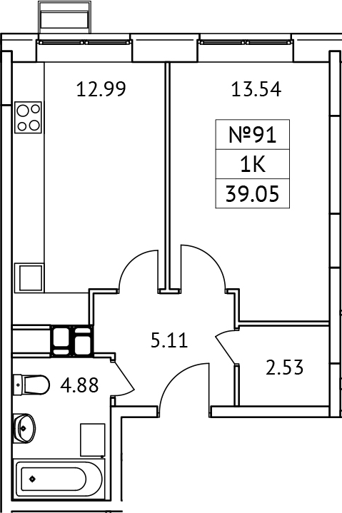 Планировка — Новотомилино, 1-комн., 39 м²
