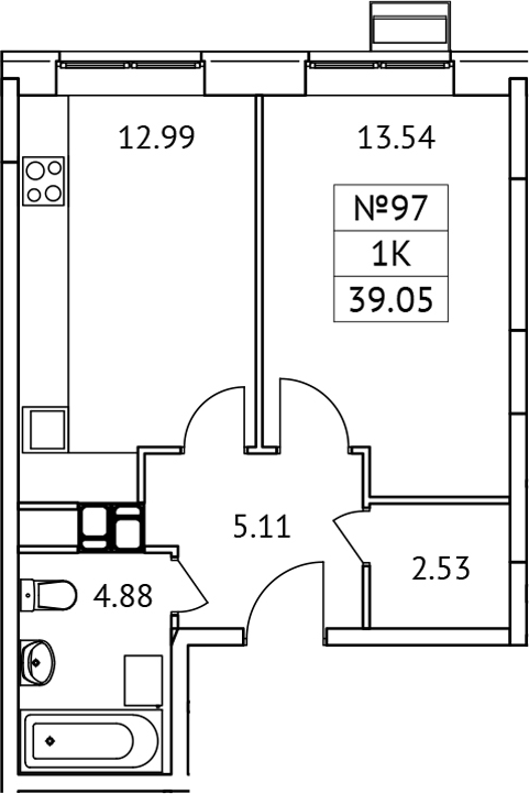 Планировка — Новотомилино, 1-комн., 39 м²