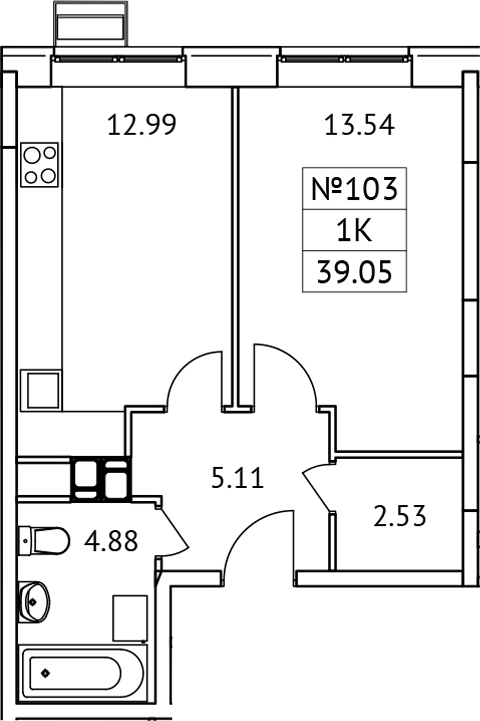 Планировка — Новотомилино, 1-комн., 39 м²
