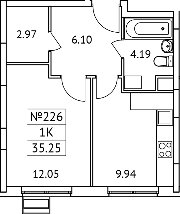 Планировка — Новотомилино, 1-комн., 35 м²