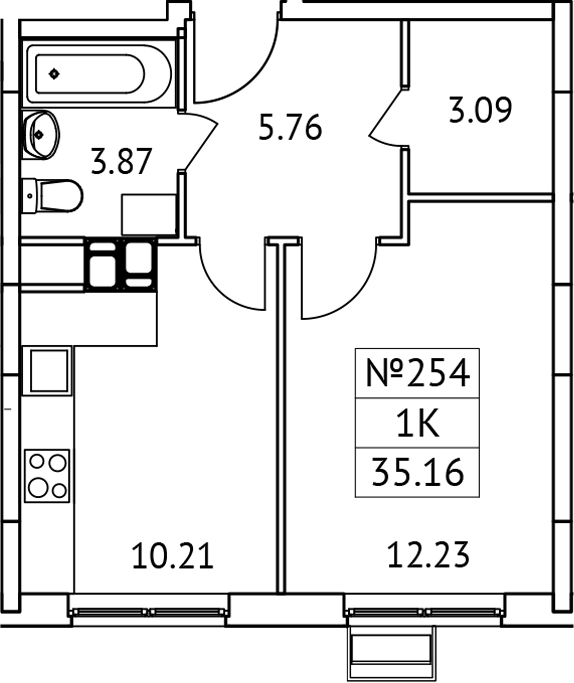 Планировка — Новотомилино, 1-комн., 35 м²