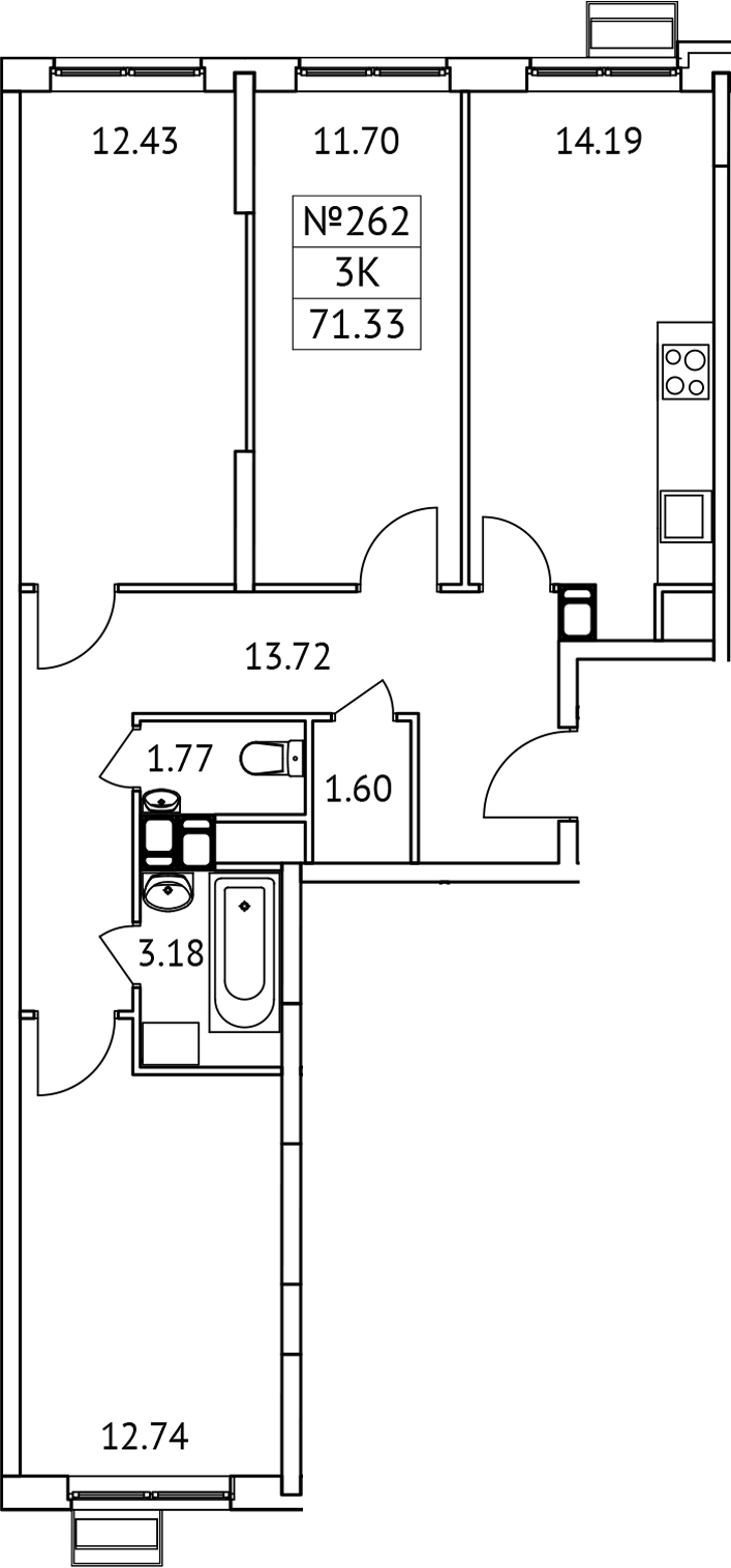 Планировка — Новотомилино, 3-комн., 71 м²